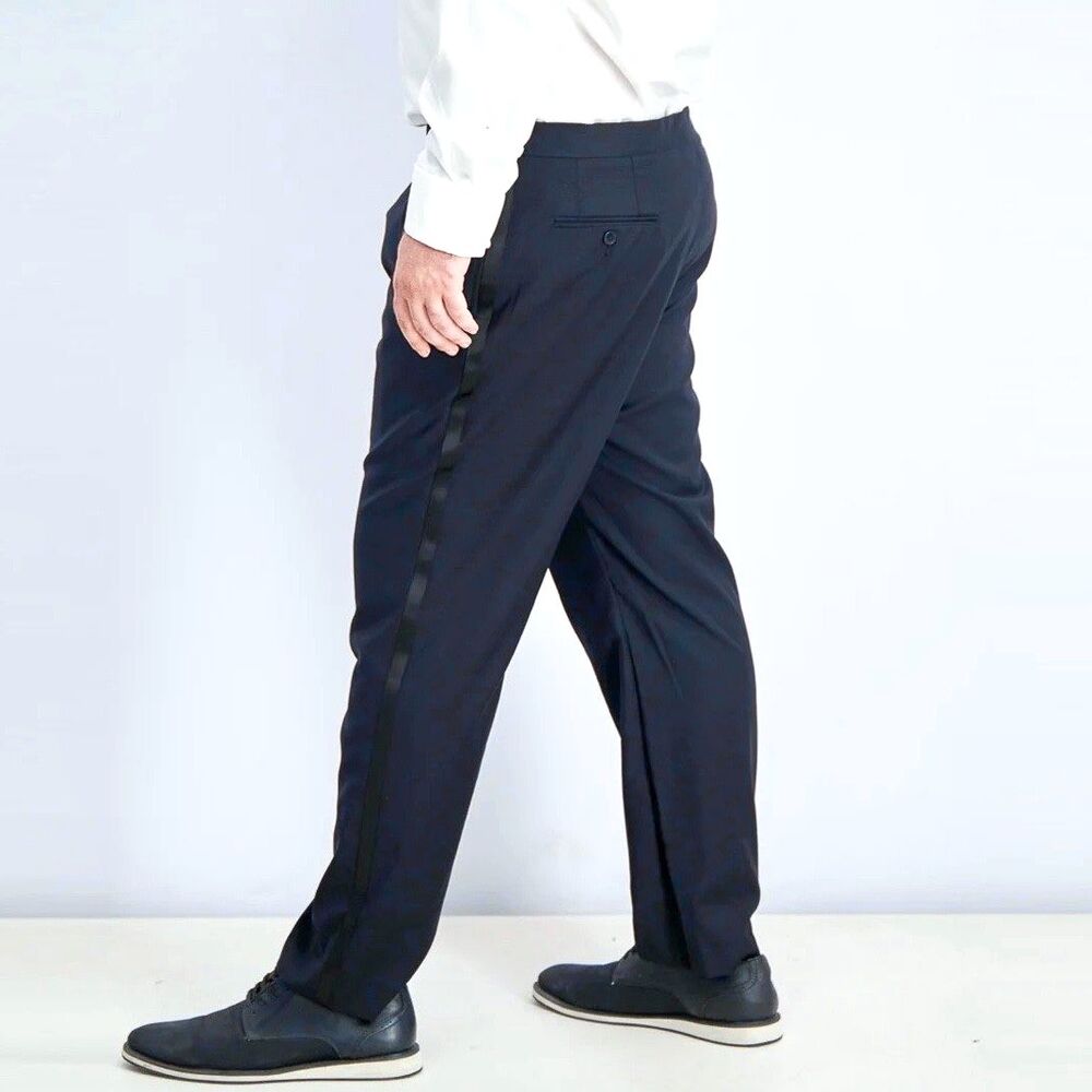NWT Ralph Lauren Eagan Navy Blue Wool Side Stripe Dress Tuxedo Pants Men 44x32